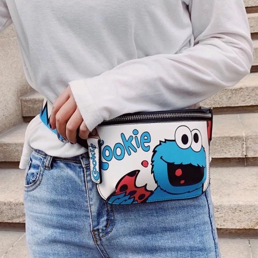 Cookie Monster Fanny pack pu leather waist crossbody bag cartoon blue wh…